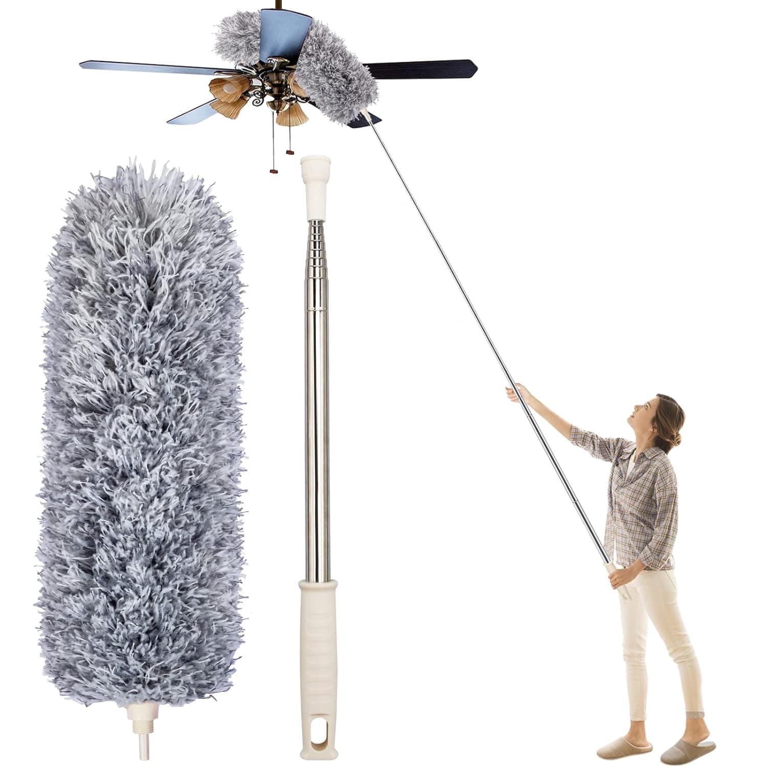 Microfiber Bendable Extendable Feather Duster with 100" Pole for Fan & Furniture Cleaning