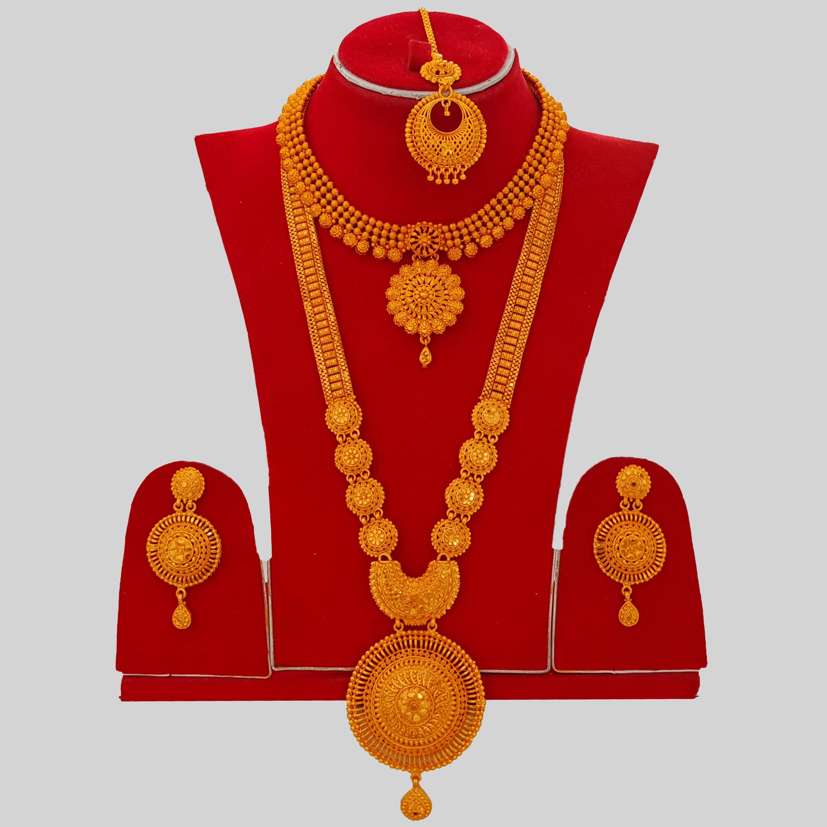Gold Plated Heavy Bridal Rani Haar Set – With Mini Necklace, Earrings & Maang Tikka for Wedding - Women