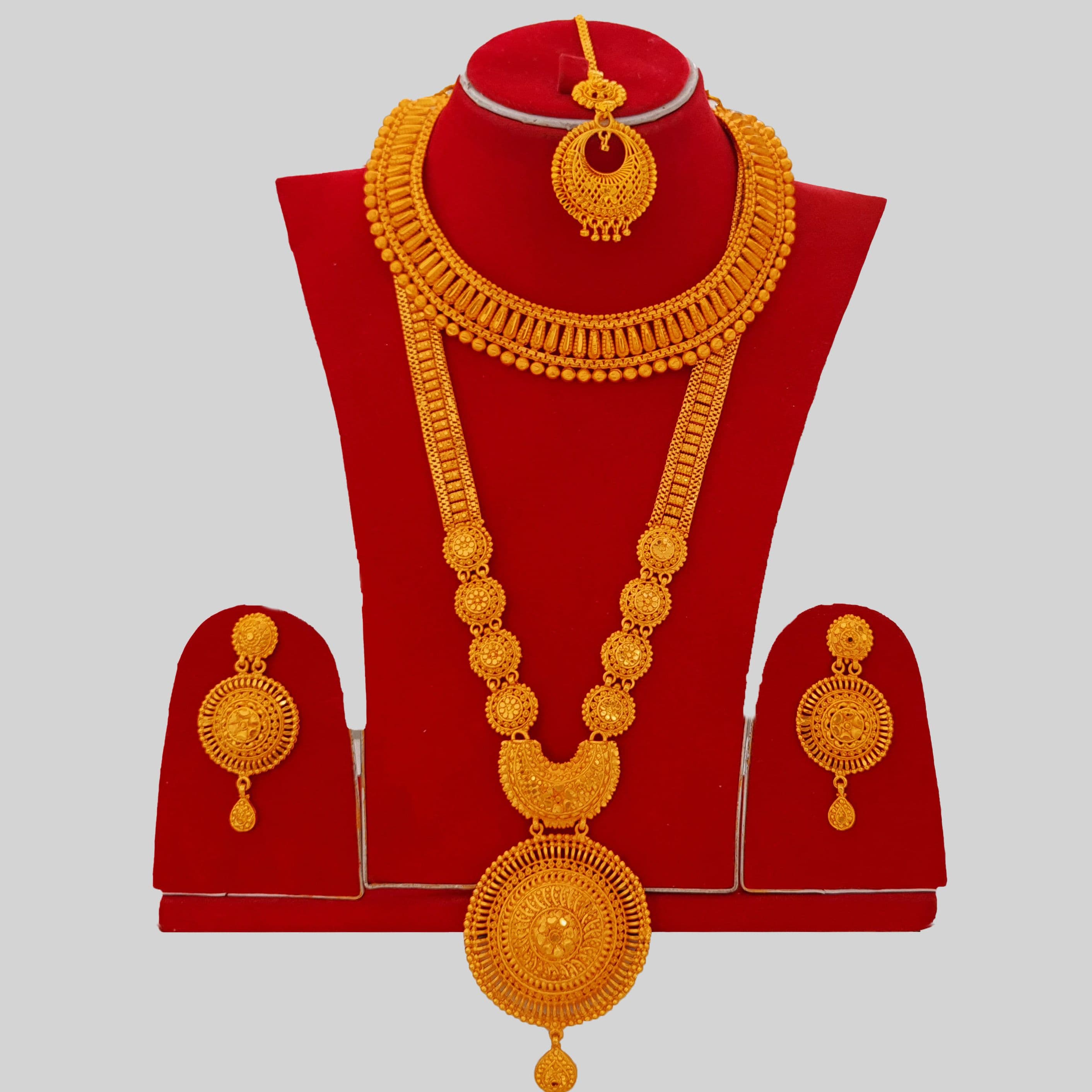 Gold Plated Heavy Bridal Rani Haar Set – Mini Necklace, Earrings & Maang Tikka for Wedding - Women