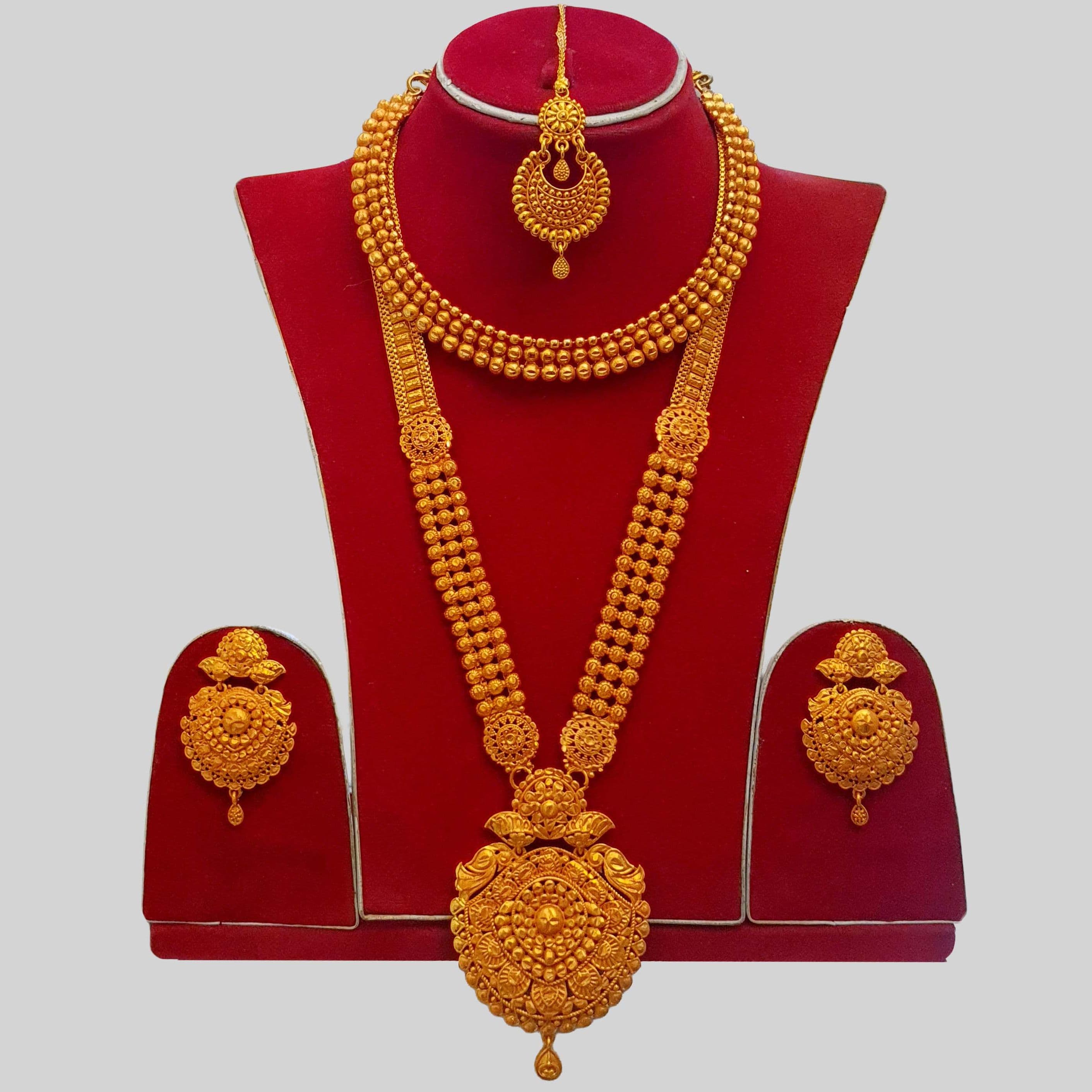 Gold Plated Rani Haar Bridal Set – Necklace, Earrings & Sirbindi with Flexible Behuli Design for Wedding - Women