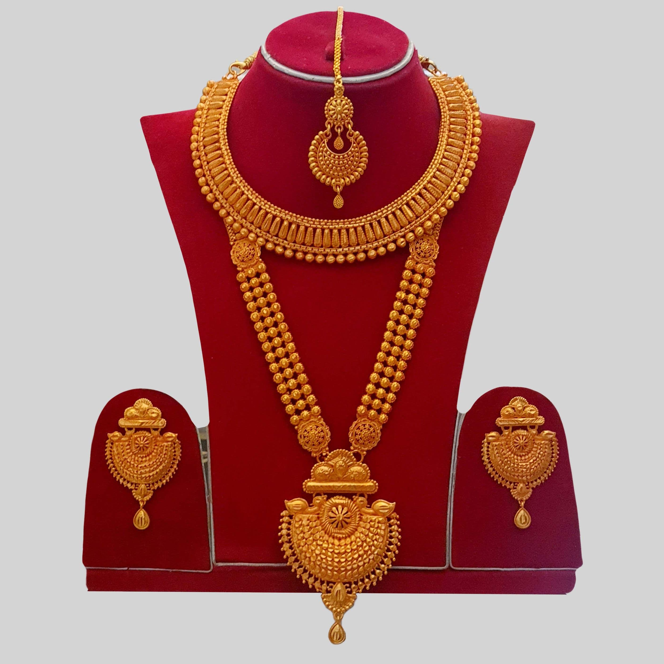 Gold Plated Rani Haar Bridal Set – Necklace, Earrings & Sirbindi with Flexible Behuli Design for Wedding - Women