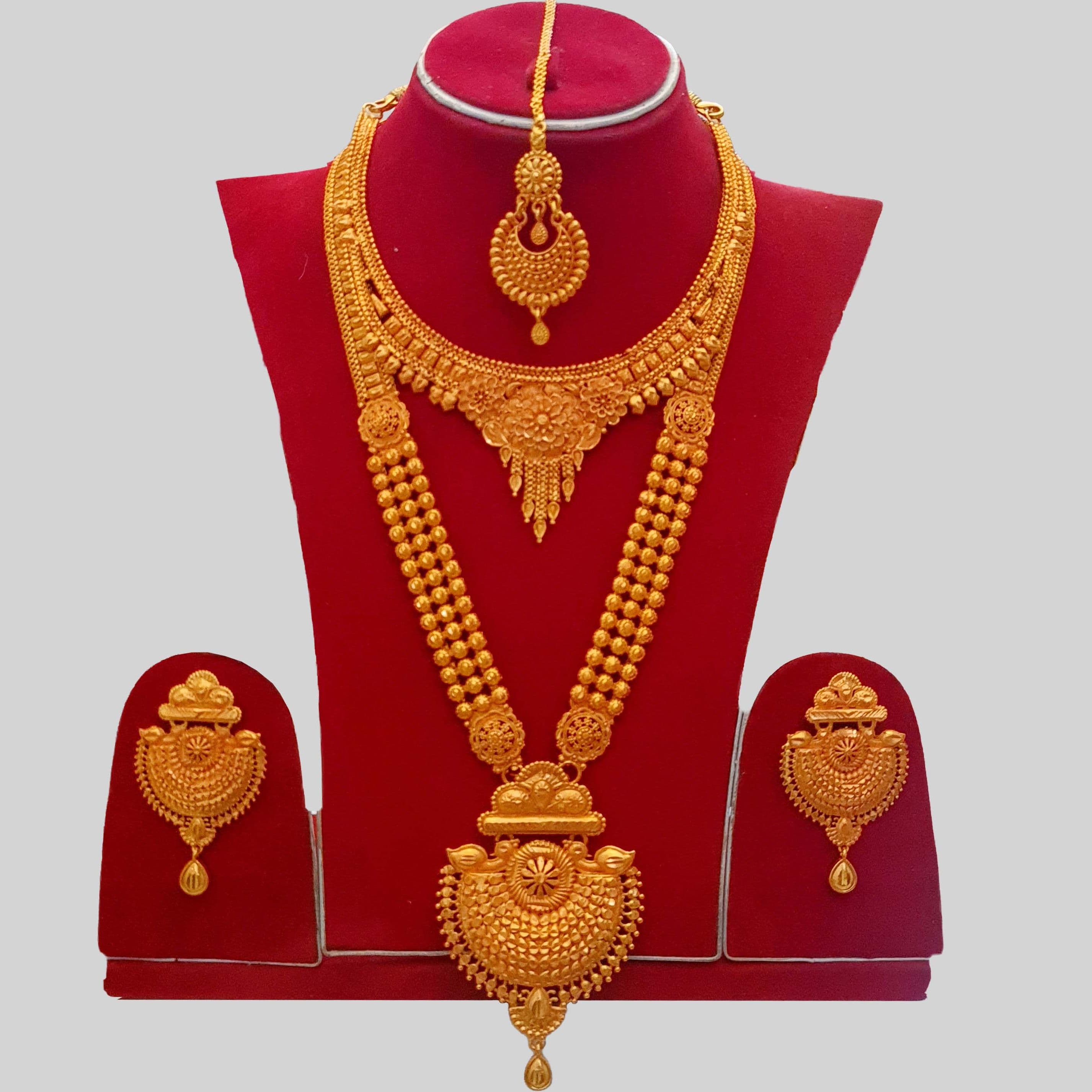 Gold Plated Rani Haar Bridal Set With Necklace, Earrings & Sirbindi | Flexible Nepali Bridal Long Haar Wedding Jewellery Set