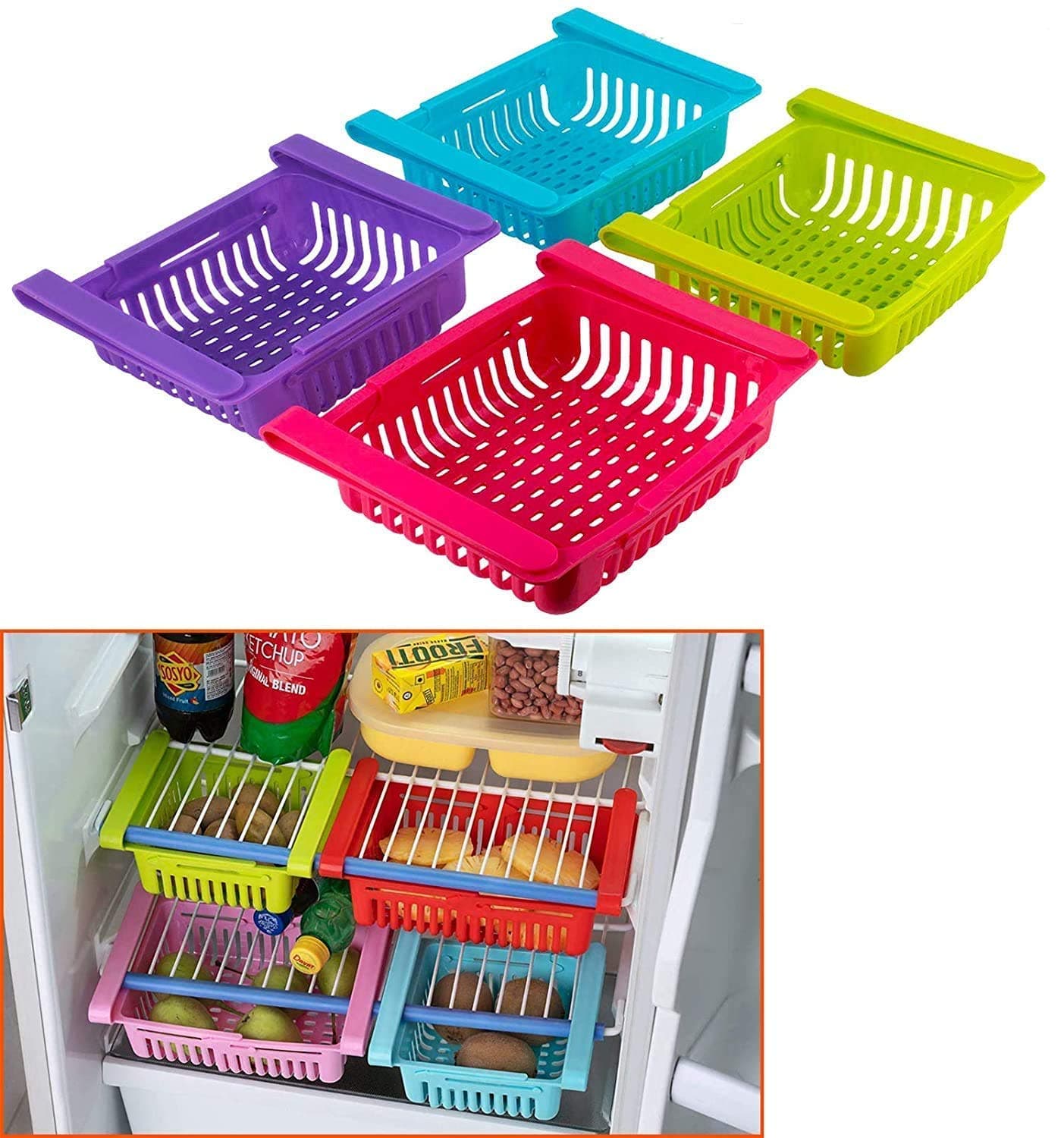 Pack of 4 pcs Fridge Storage Saver Rack / Adjustable Basket for Fridge with Expandable Sides - Multicolor