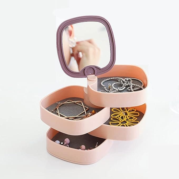 Multicolor 4-Layer Rotating Plastic Jewelry Organizer Box with Mirror Lid – Creative Storage for Earrings, Rings, Bracelets & Lipstick
