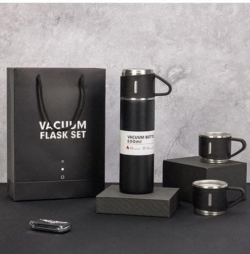 500ml Stainless Steel Vacuum Flask Set with 3 Cups – Double-Wall Insulated Thermal Bottle for Hot & Cold Drinks, Travel & Office Use - Multicolor