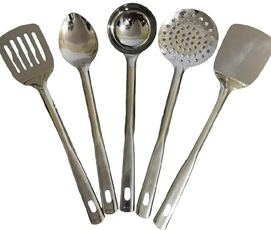 5 Pcs Stainless Steel Kitchen Ladle and Cooking Spoon Set - Silver