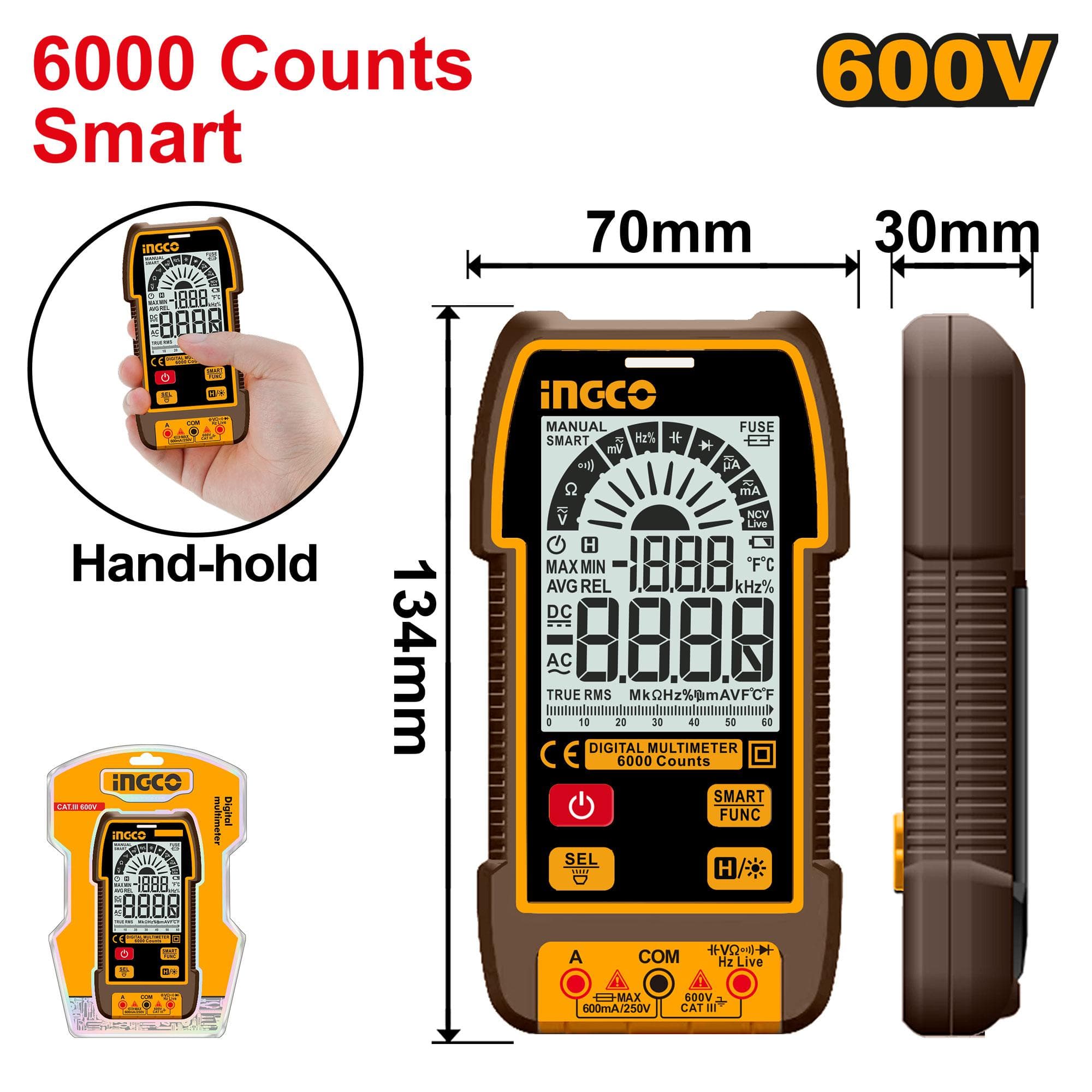 Ingco Smart Function 600V Digital Multimeter DM16004 - Multicolor