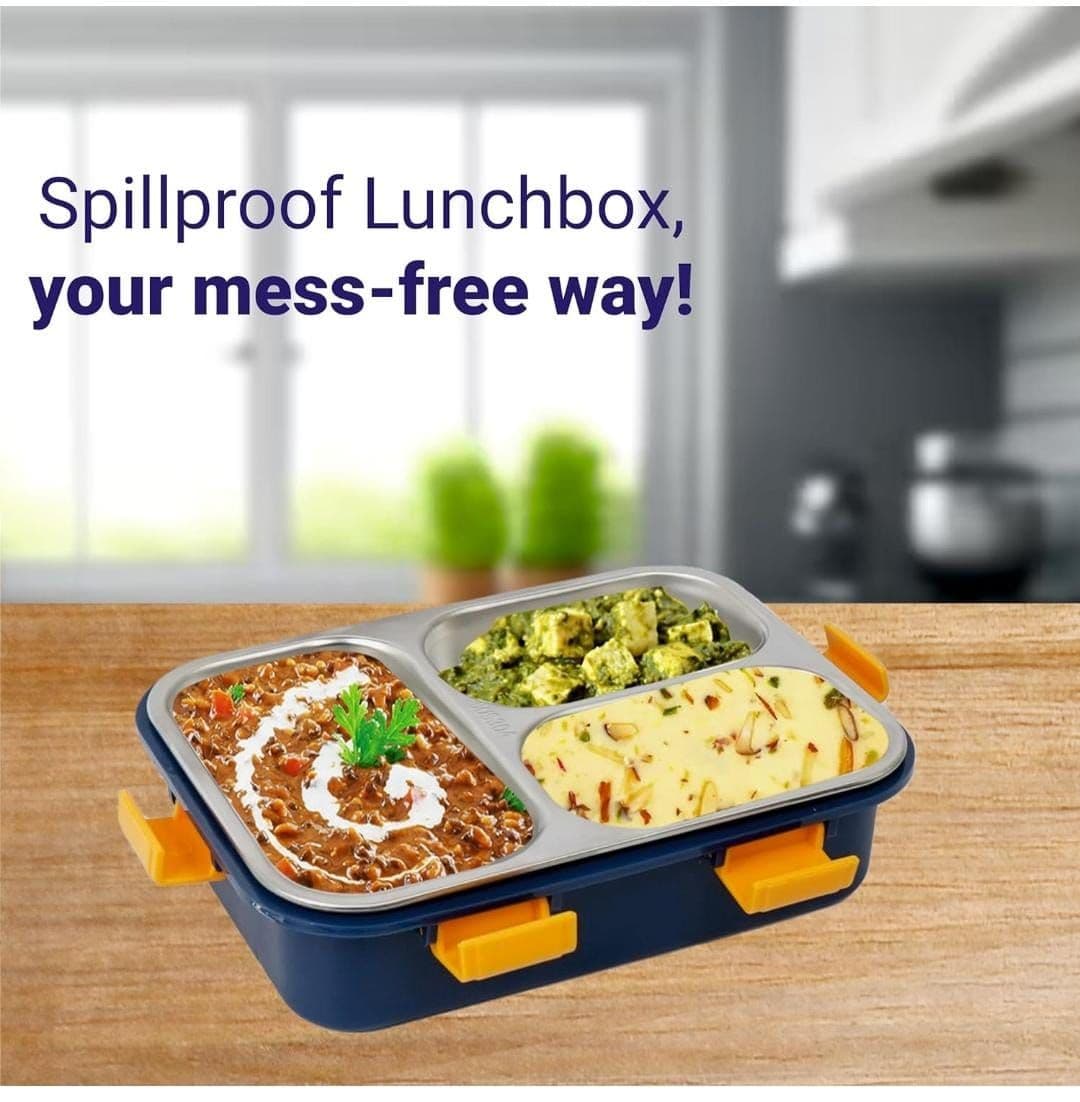 Stainless Steel Lunch Box – Leakproof with 3 Compartments & Cutlery