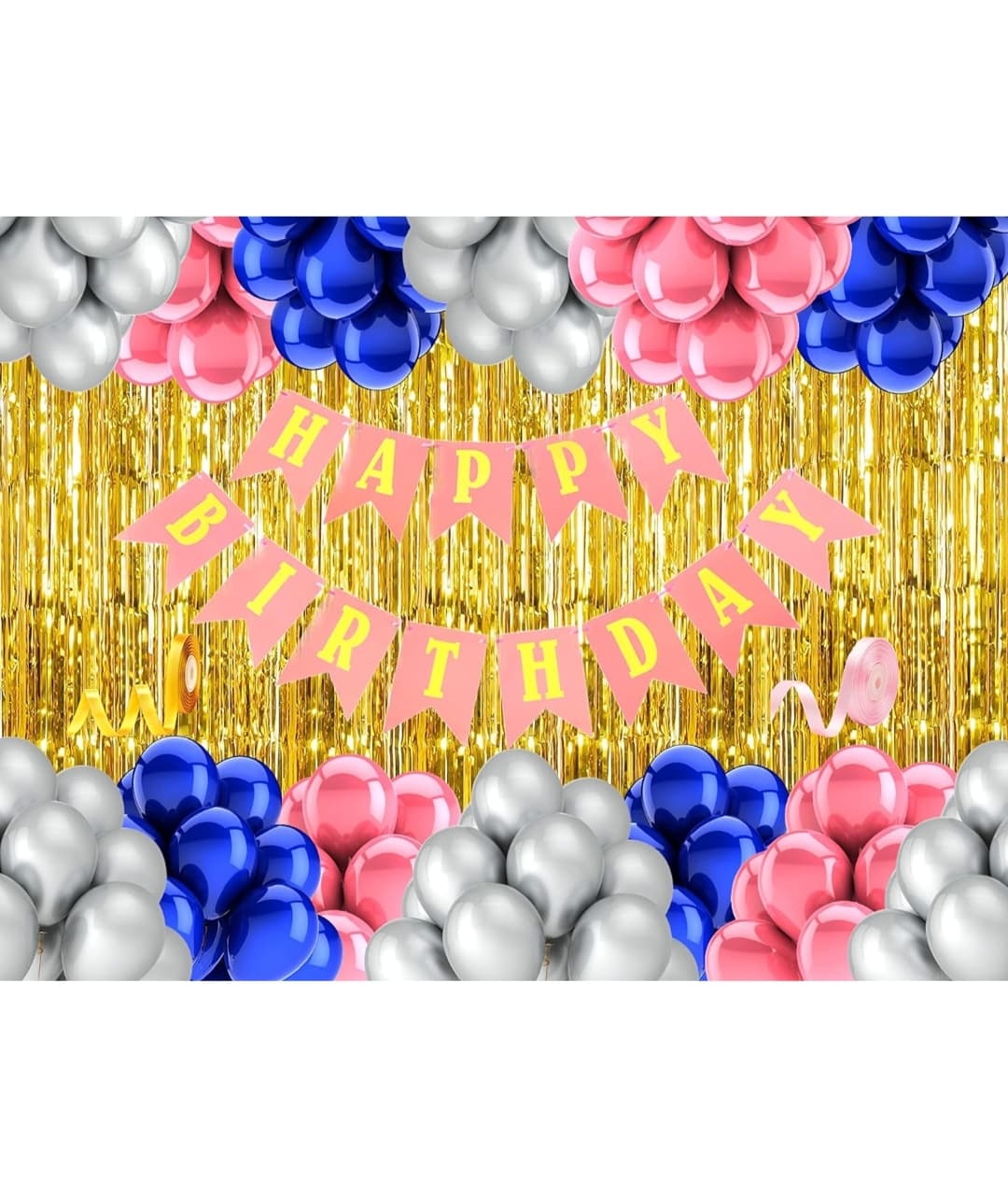 Pink Silver Blue Birthday Decoration Kit for Girls, Women & Mom (52 Pcs) with Balloons, Foil Curtain Banner and Curling Ribbon