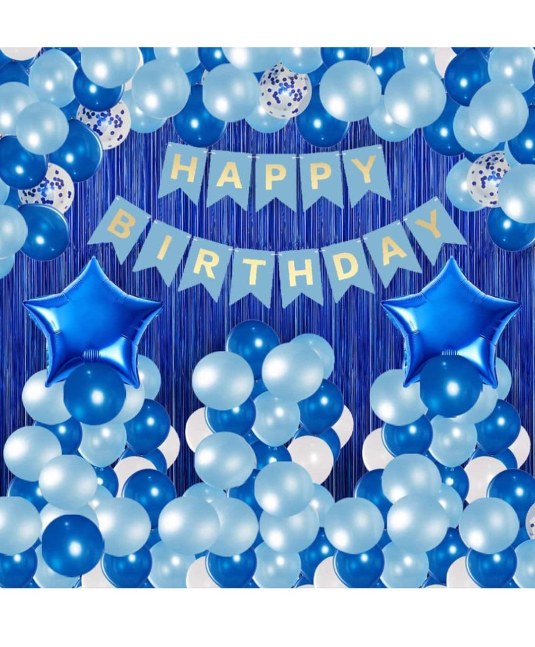 Blue Happy Birthday Decoration Combo Kit with Foil Curtain, Metallic & Confetti Balloons (Complete Party Set)