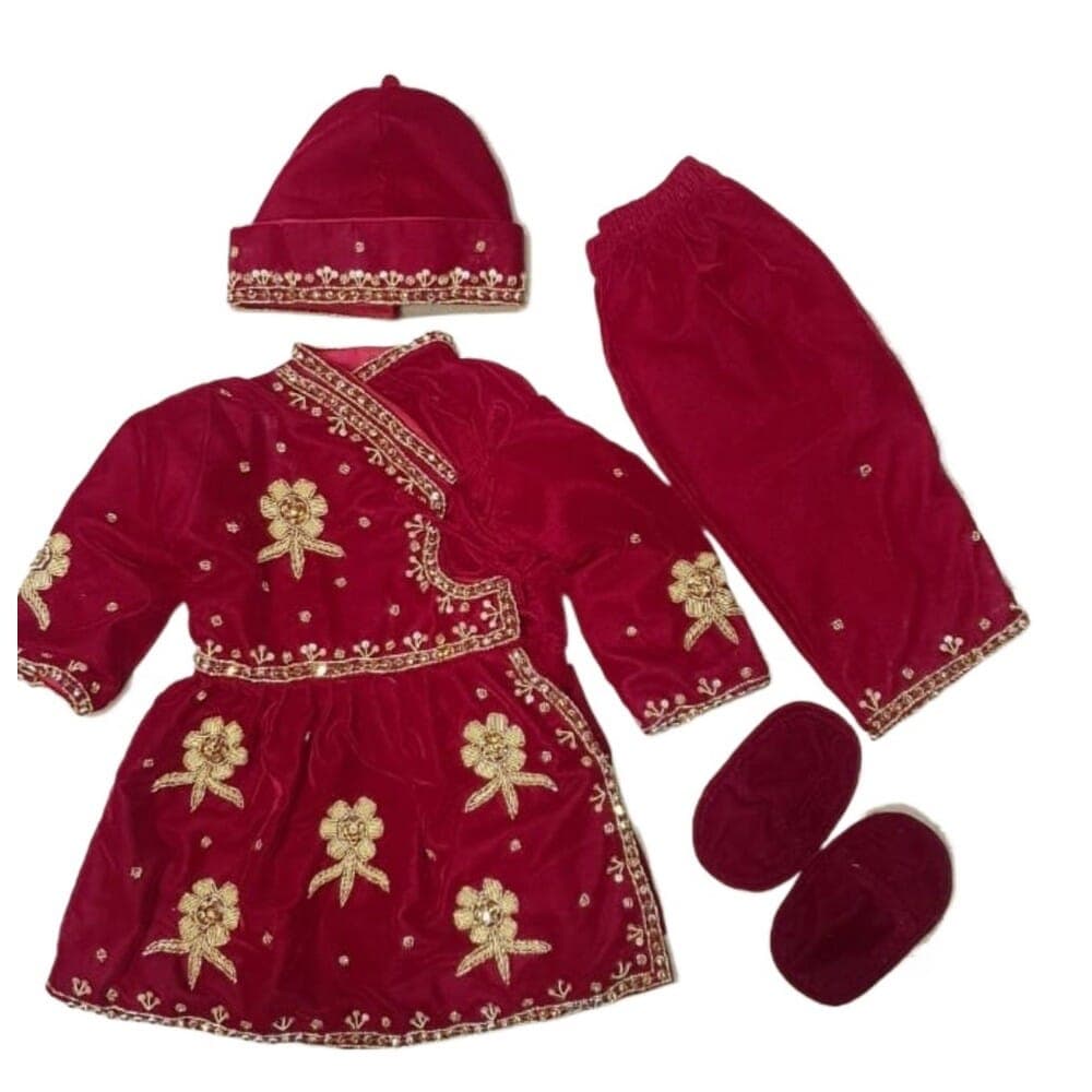 Baby Girl Red Color Rice Feeding Pasni Dress For 3-12 Months