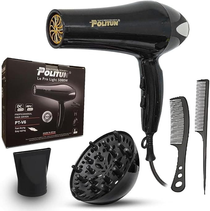 Politun PT-V6 Hair Dryer Professional Negative Ions 5000W Powerful Fast Drying Low Noise Long Cord with Nozzle, 2 Speed and 3 Heat Settings