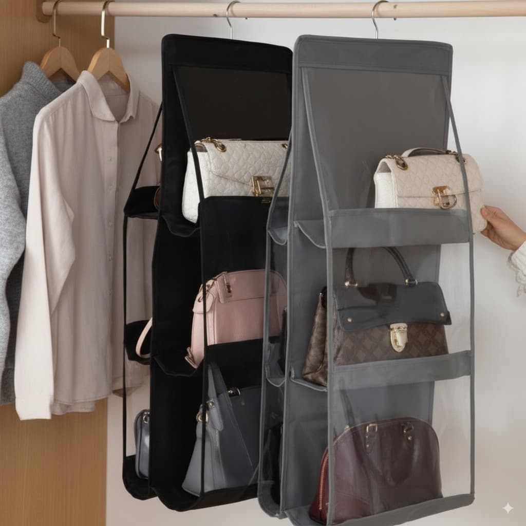 6-Pocket Clear Hanging Handbag Organizer (Closet Space Saver)