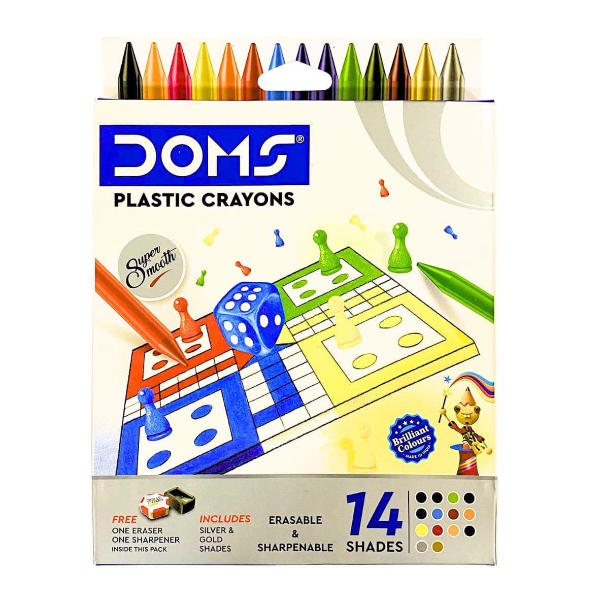 Doms 14 Shades Super Smooth Plastic Crayons Color - Erasable & Sharpenable