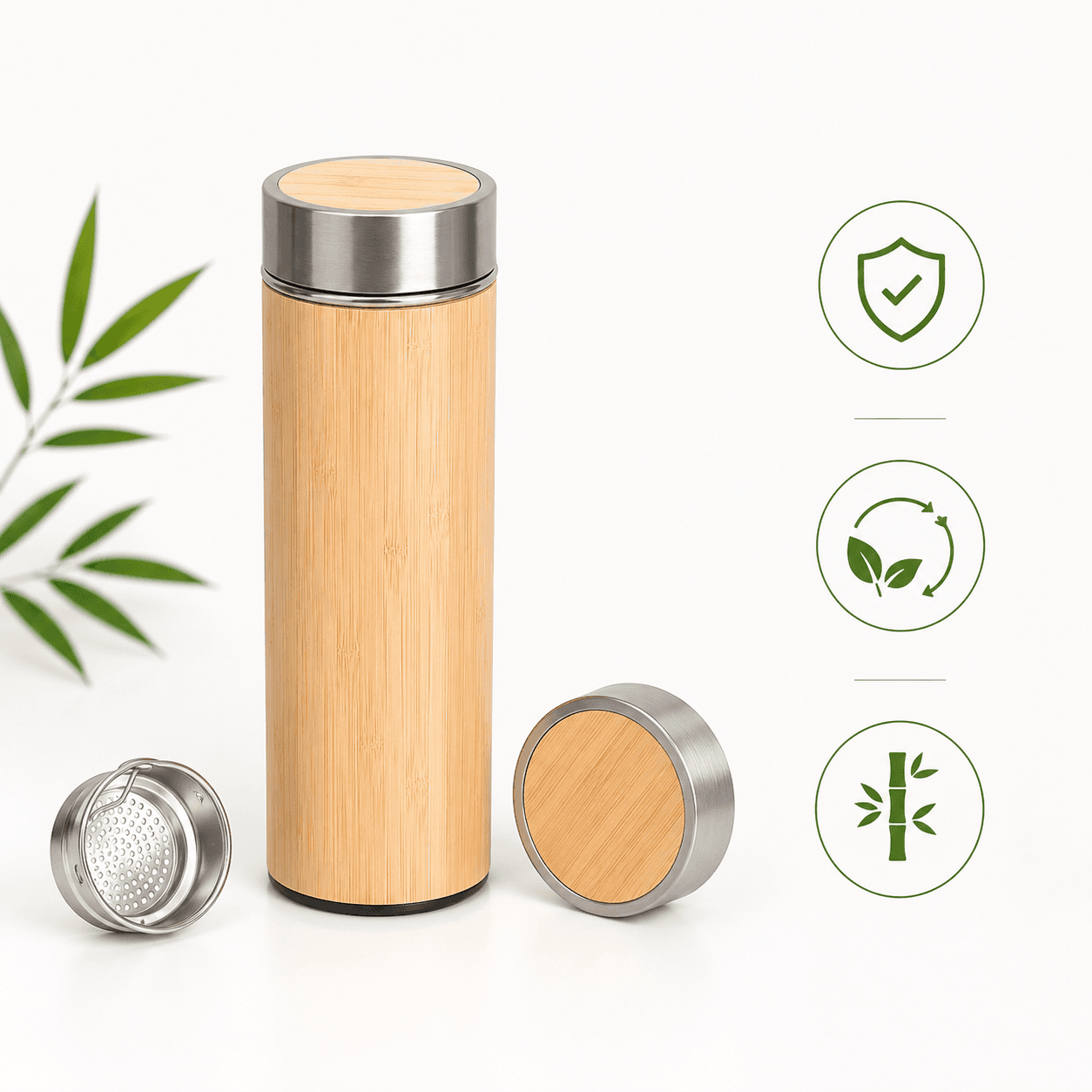 Eco-Friendly Bamboo Vacuum Flask With Tea Strainer 400ml / 500ml