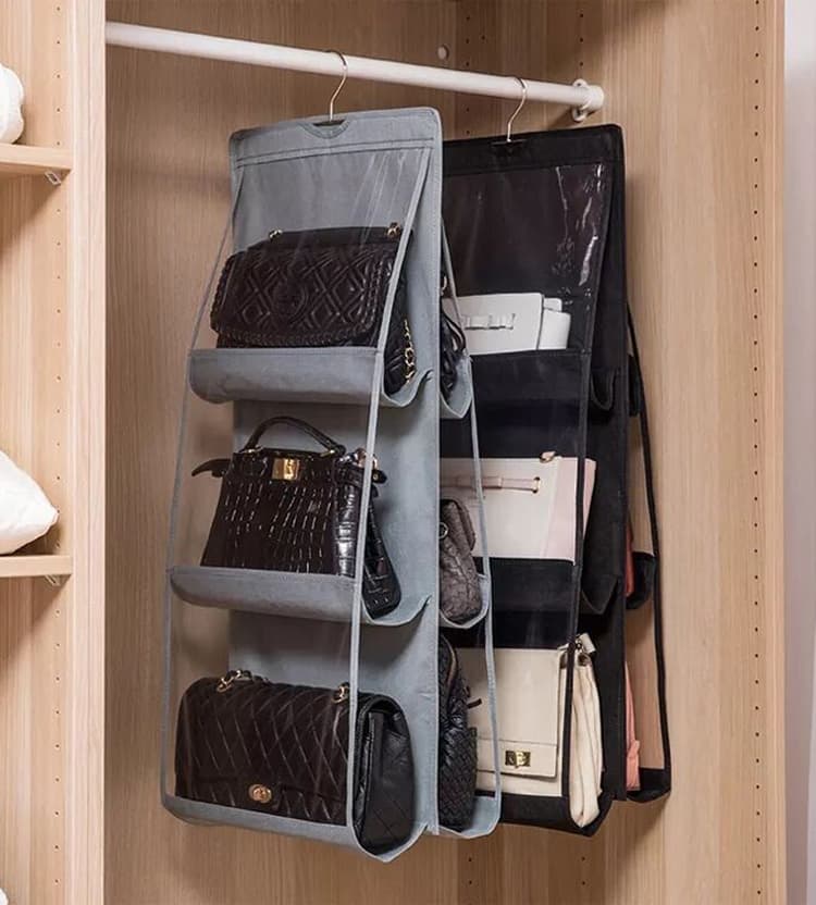 Clear Purse Bag Storage Holder Wardrobe Closet Space Saving 6 Pockets Pouch Hanging Hand Bags Organizer - Multicolor