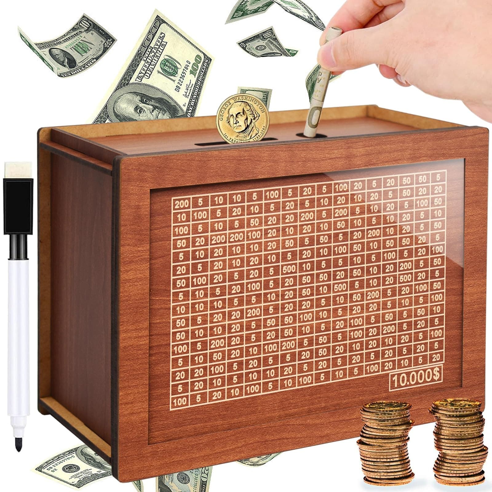 Wooden Digital Money Box – 4-Side Savings Piggy Bank with Counter Display for Kids & Adults (Multicolor)