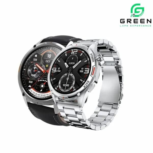 Green Orbit Pro Luxury Smartwatch With 1.43″ AMOLED Display, BT Calling, IP68, 178 Sports Modes, Stainless Steel & Leather Strap, BT 5.2 And 270mAh Battery.