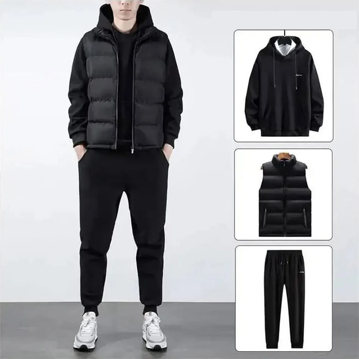Men's Warm Tracksuit Set | Half Jacket Hoodie & Joggers - Set Of 3 Pcs