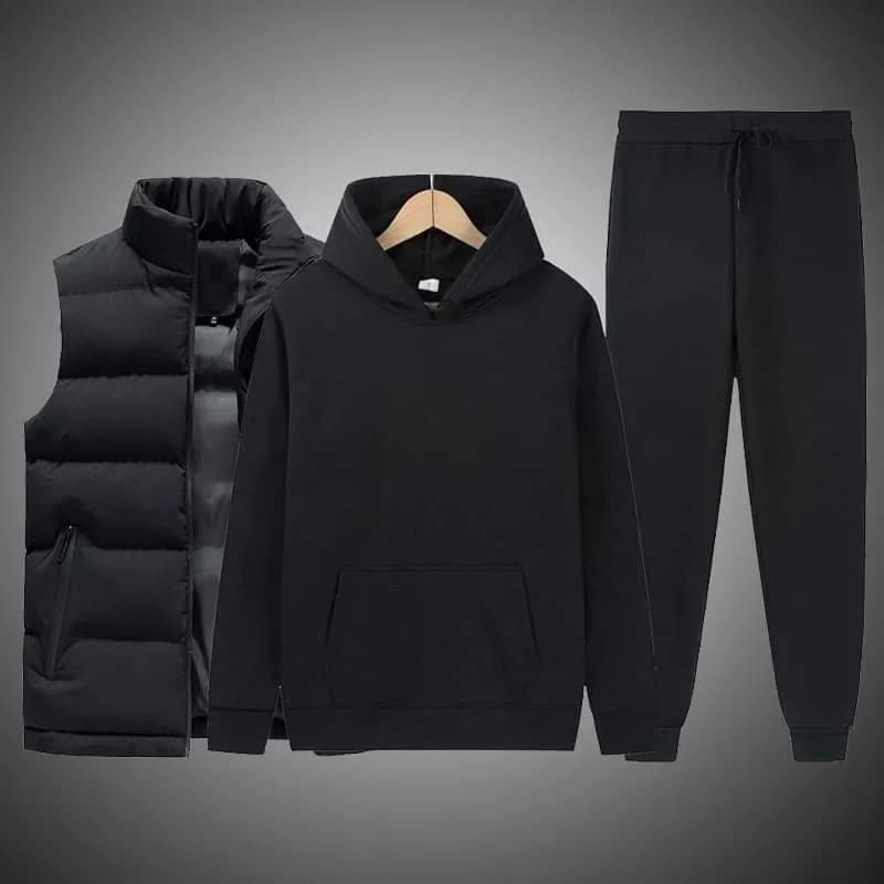 Set Of 3 Pcs Men's Winter Warm Stylist Set | Half Jacket Hoodie & Joggers