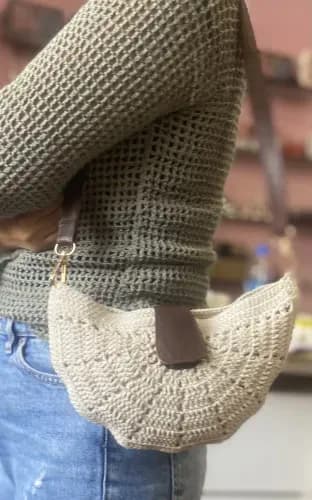 Handmade Crochet Moon Bag - White With Brown Strap