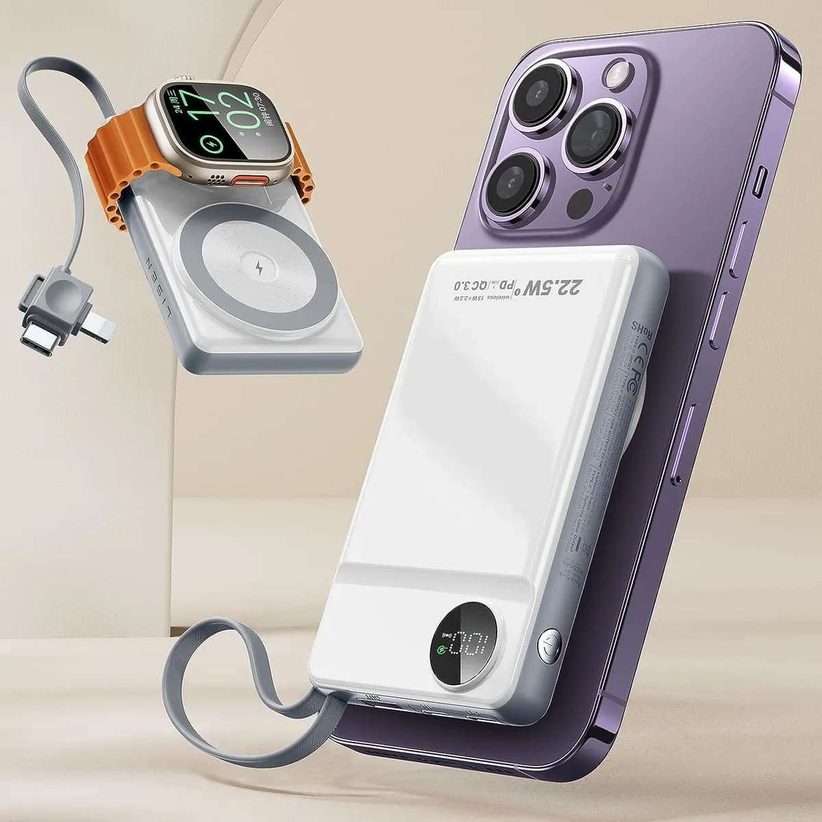 LISEN Wireless Charging Power Bank 22.5w with Built in Cable 10000 mAh