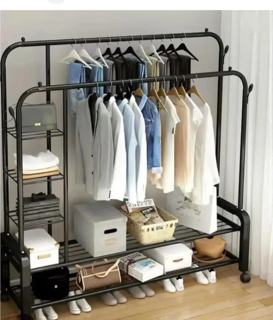 Double Pole Heavy Duty Clothes Rack With Storage Shelves & Wheels - White
