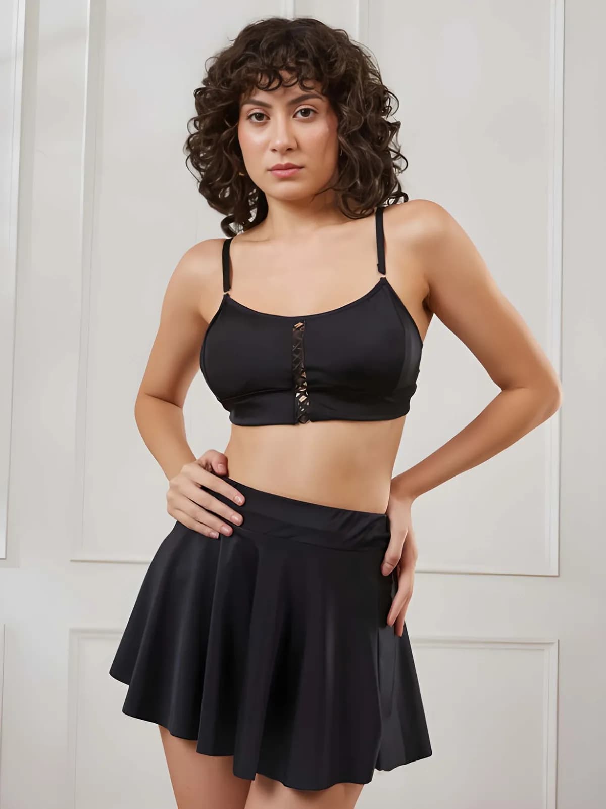Fancyra Women’s 3-Piece Black Baby Doll Lingerie Set With Crop Top, Mini Skirt And Panty