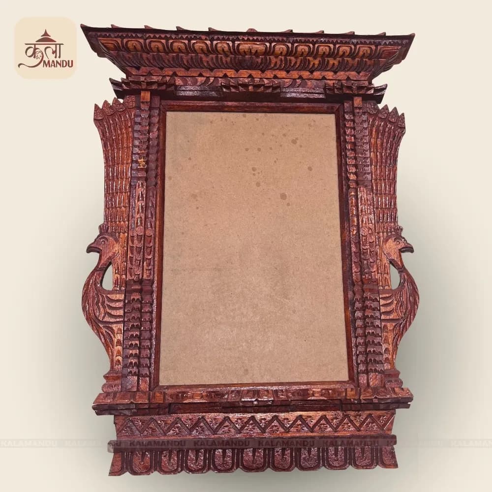 A4 Mayur Peacock Wooden Photo Frame – Traditional Nepali Decor