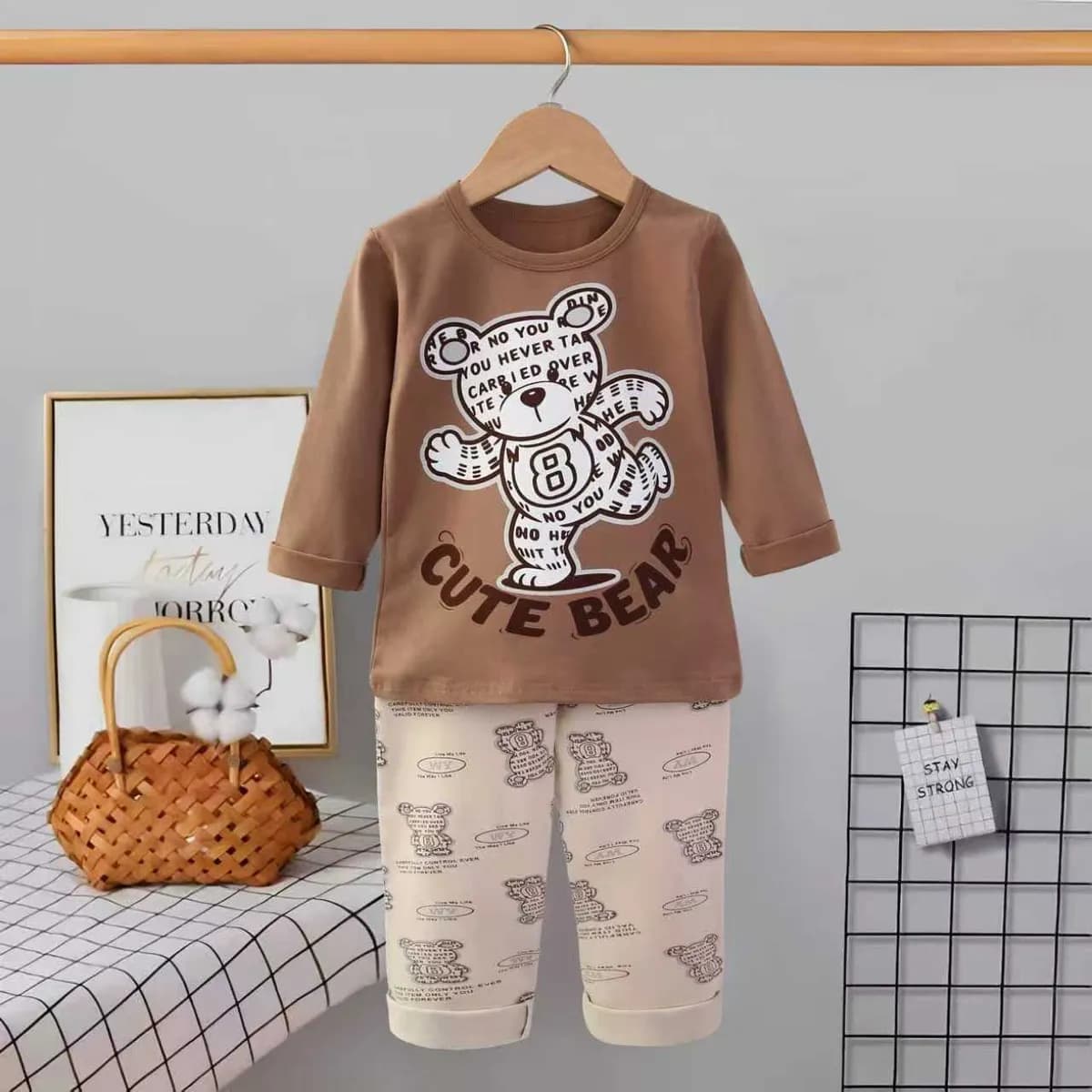 Unisex Brown Cute Bear PJ Set For Kids
