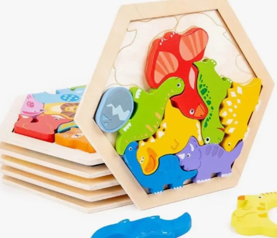 Dinosaur Shapes: One 3D Wooden Stacking Hexagonal Puzzle For Early Learning