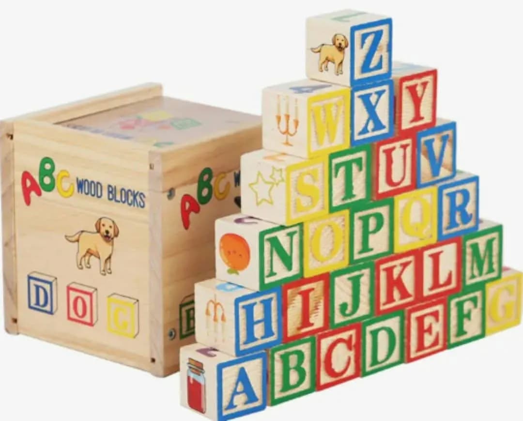 ABC Wood Blocks: One 48 Piece Educational Set In Storage Box For Baby