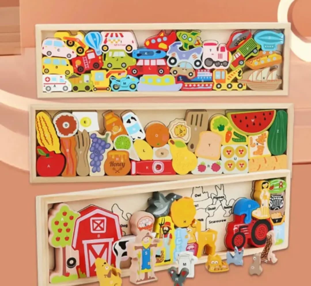 3 PCS Set: One Handheld Wooden Jigsaw Toy With Animal Farm And Traffic Games For Kindergarten - Multicolor
