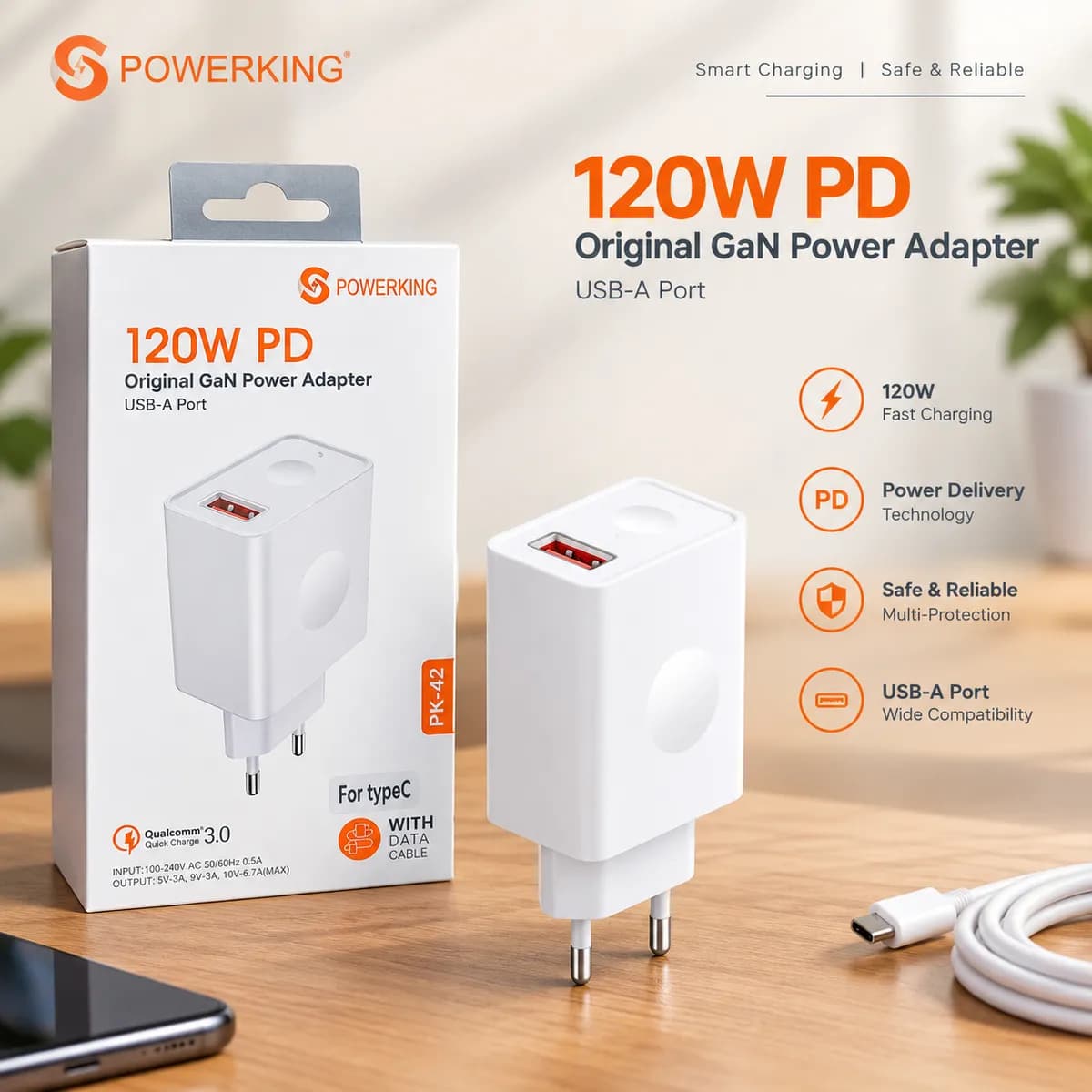 Powerking PK-42 120W PD GaN Fast Charger With USB-A QC 3.0