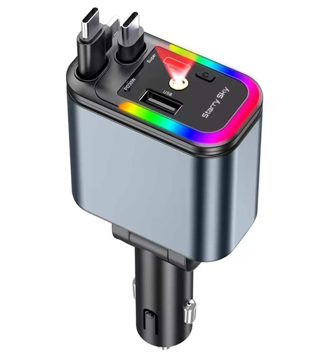 5-in-1 Car Charger, 120W Fast USB-C Adapter, LED Ambient Light, Multiple Ports, 180° Rotating