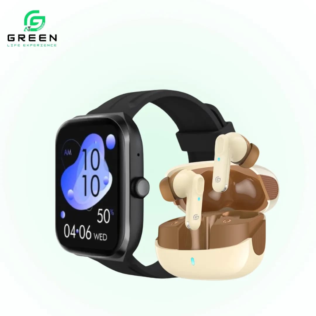 Green Airbeat-520 ENC Earbuds & Vision Fit Smartwatch Combo With 2.04" AMOLED Display BT Calling & 30H Playtime