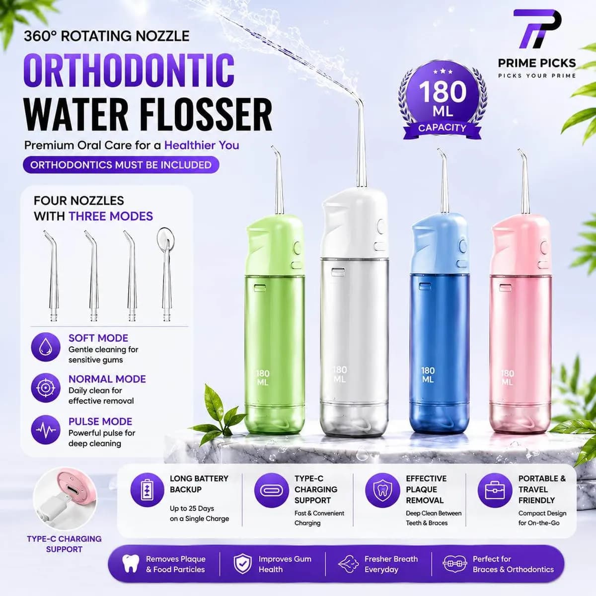 180ml Cordless Water Flosser - Multicolor
