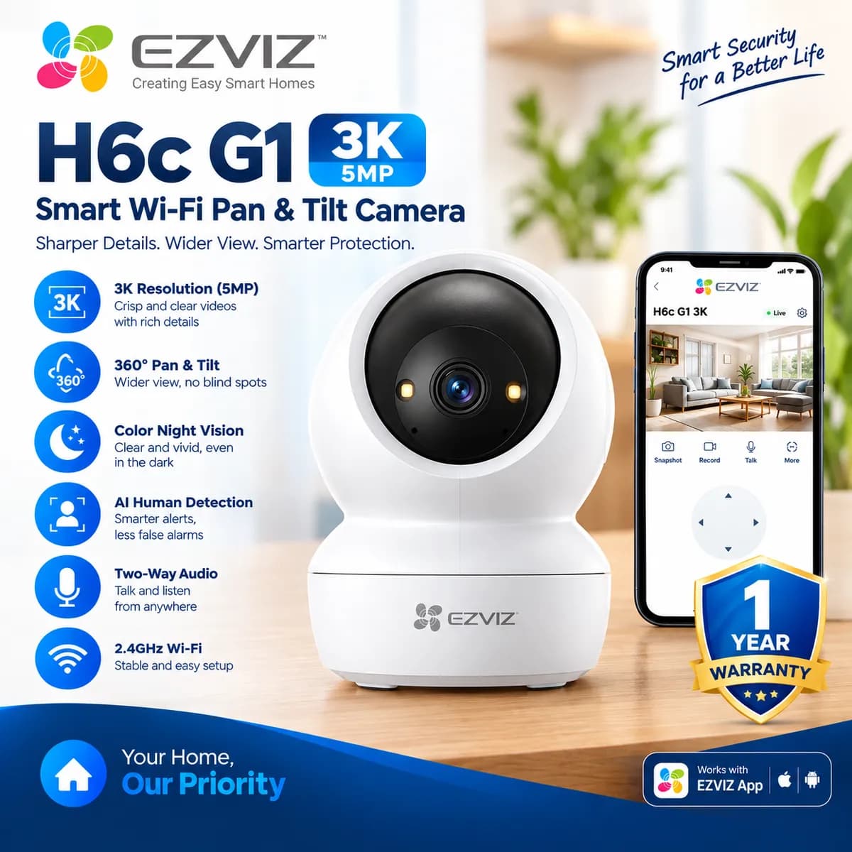EZVIZ H6C Pro / G1 5MP Indoor Security Camera – 3K WiFi