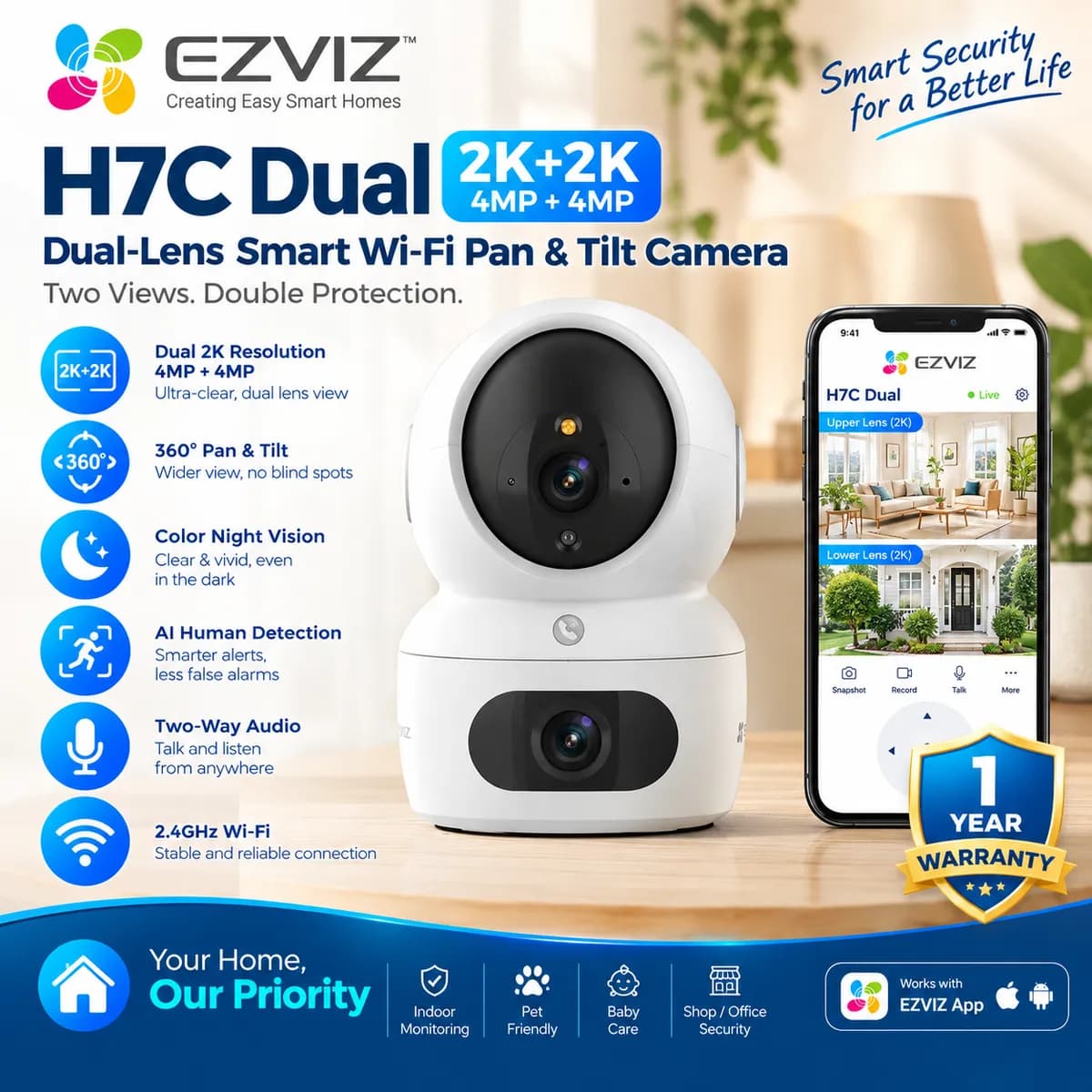 EZVIZ H7C Dual-Lens 2K+2K Pan & Tilt WiFi Camera