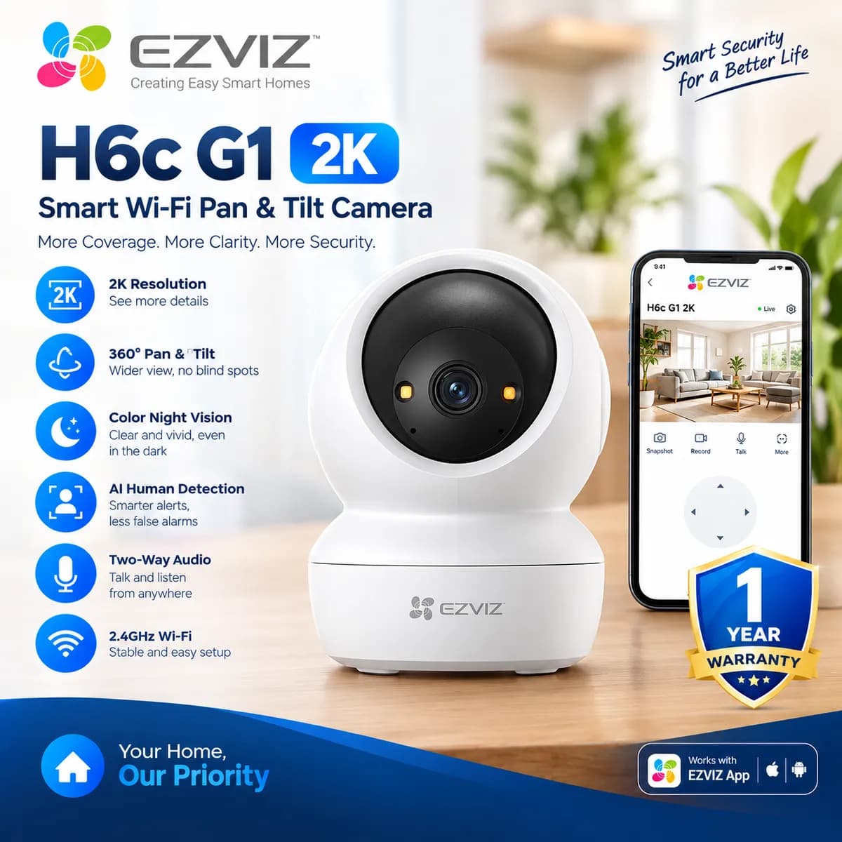 EZVIZ H6C Pro / G1 3MP Indoor Security Camera – 2K WiFi