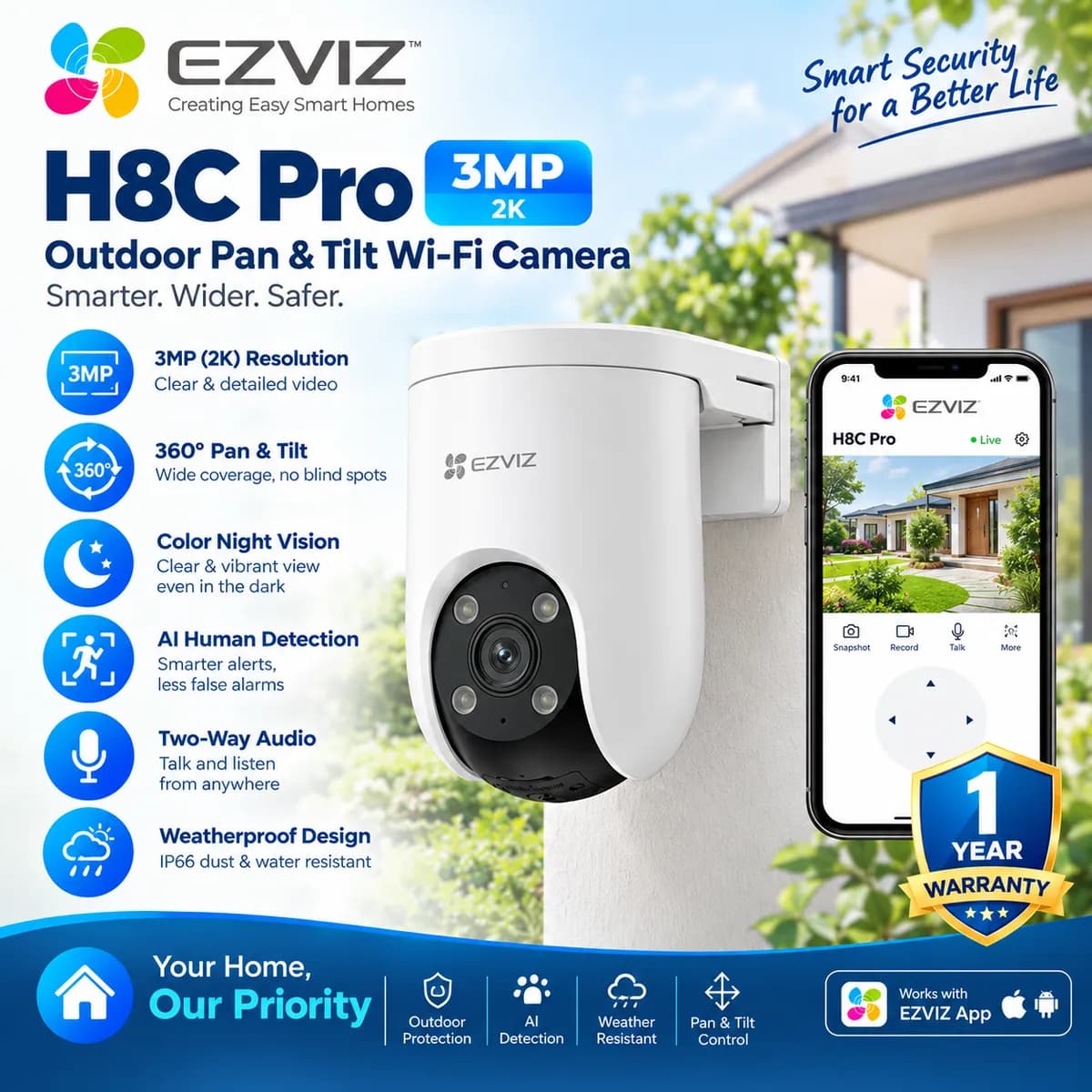 EZVIZ H8C Pro 3MP Outdoor Pan & Tilt Security Camera